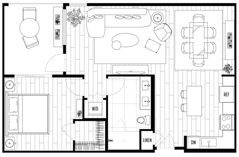 A black and white floor plan of a house with labeled rooms.